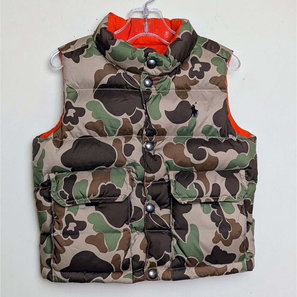 Polo Ralph Lauren Pony Logo Reversible Camo Orange Puffer Vest Down Toddler 2T